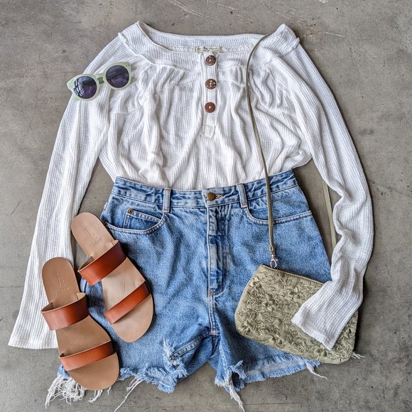 Free People Tops - Free People White Thermal Waffle Knit Henley Top medium